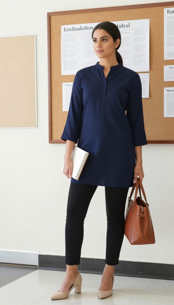 6. Straight-Cut Kurta with Cigarette Pants and Heels