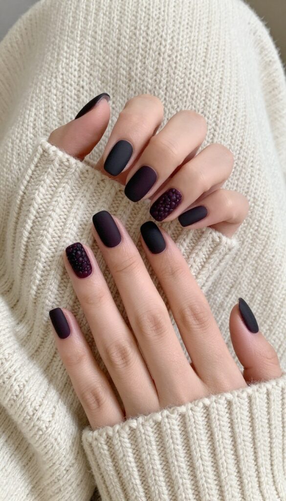 Matte blackberry nail polish on hands with chunky sweater