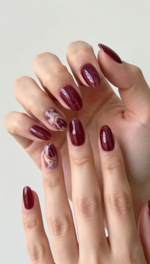 Burgundy marble swirl nails on almond-shaped nails with glossy finish