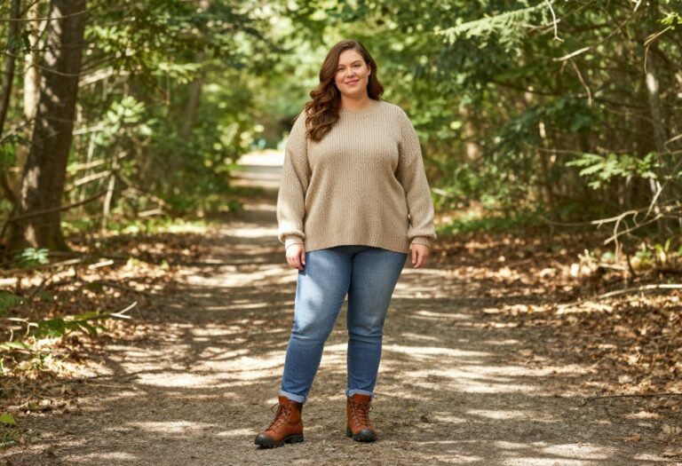 Plus size woman in granola outfit with sweater, jeans, and hiking boots in forest