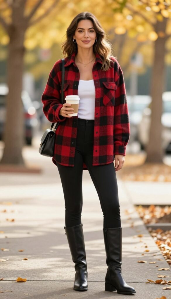 4. Plaid Shirt + Black Leggings + Riding Boots