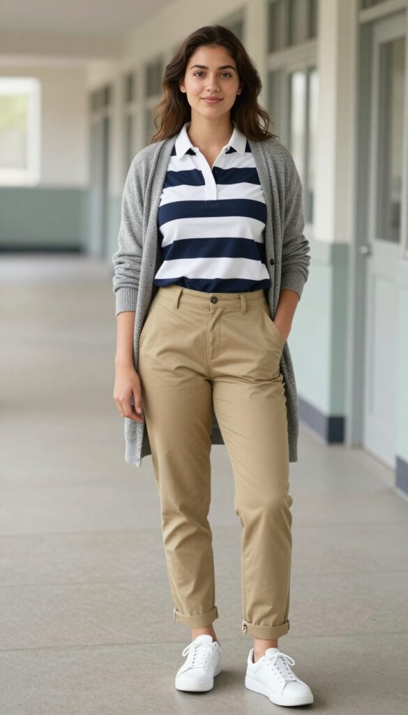 3. Striped Polo + Khaki Chinos + Cardigan