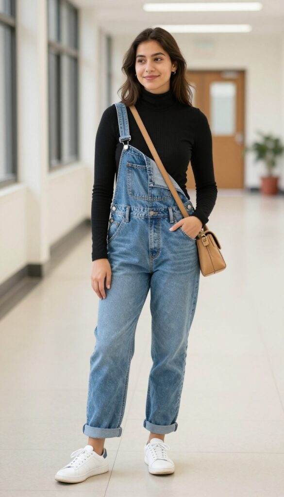 8. Turtleneck + Overalls + White Sneakers