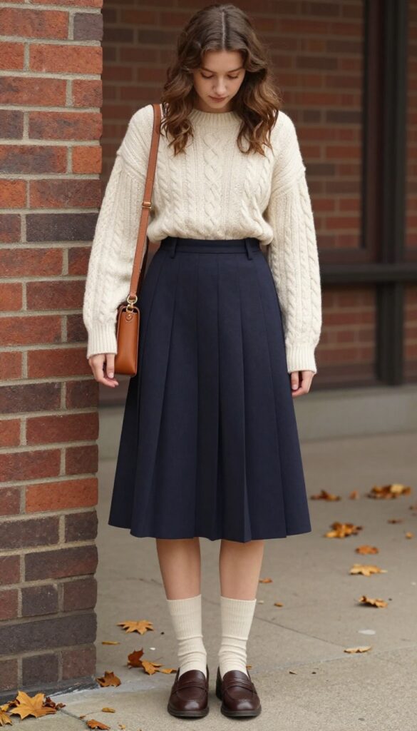 10. Cable-Knit Sweater with a Pleated Skirt and Loafers