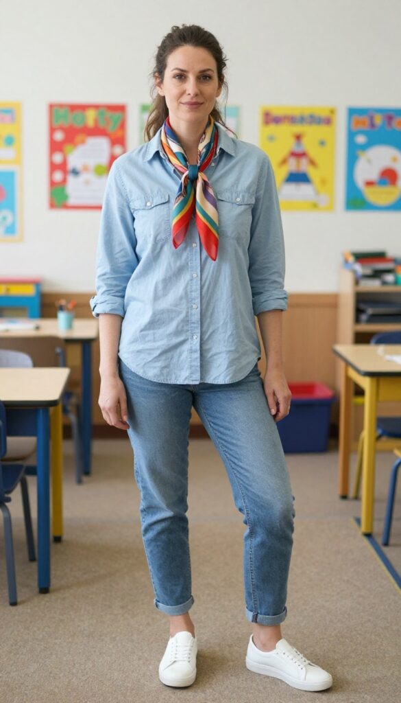 5. Chambray Shirt + Cropped Jeans + Slip-On Sneakers