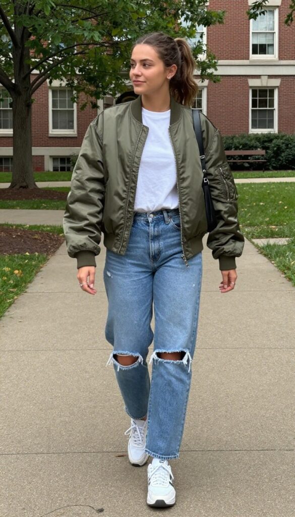 11. Bomber Jacket and Ripped Jeans