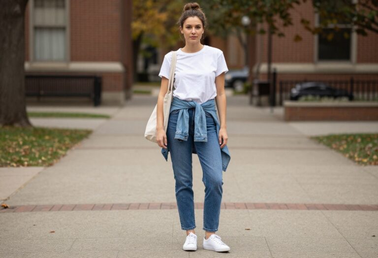 Young woman in casual school outfit with white tee, jeans, and sneakers on campus