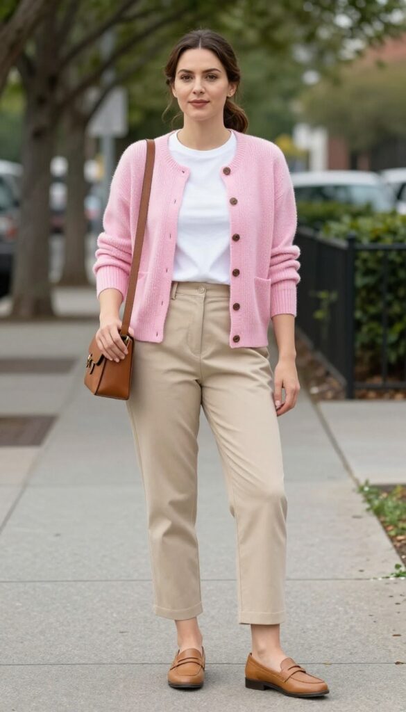 6. Cardigan with a T-Shirt and Cropped Pants