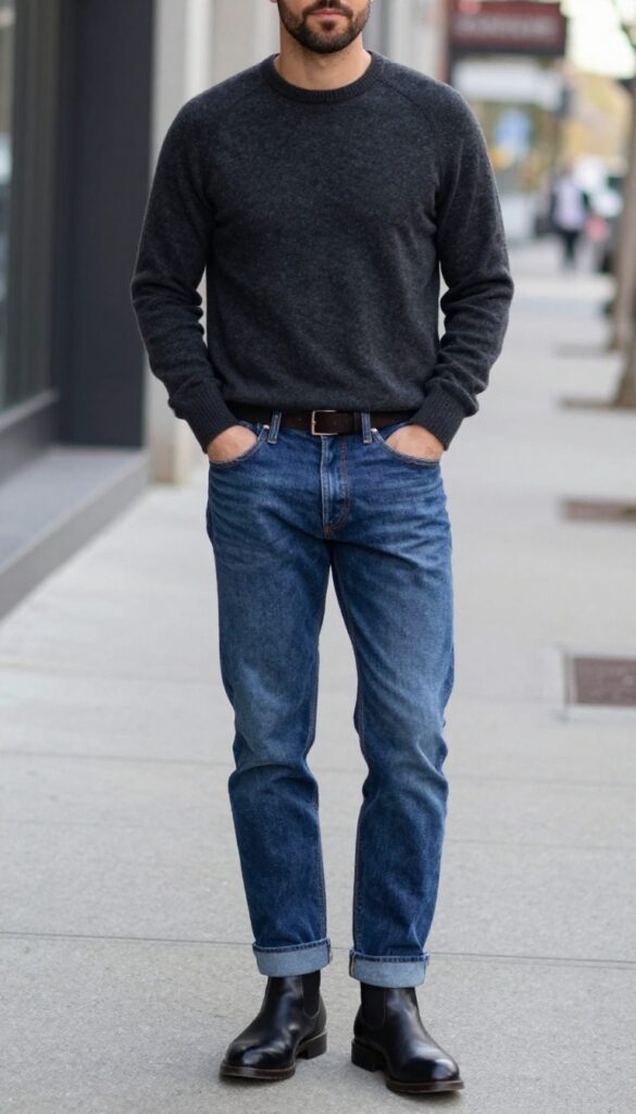 9. Charcoal Sweater and Raw Denim