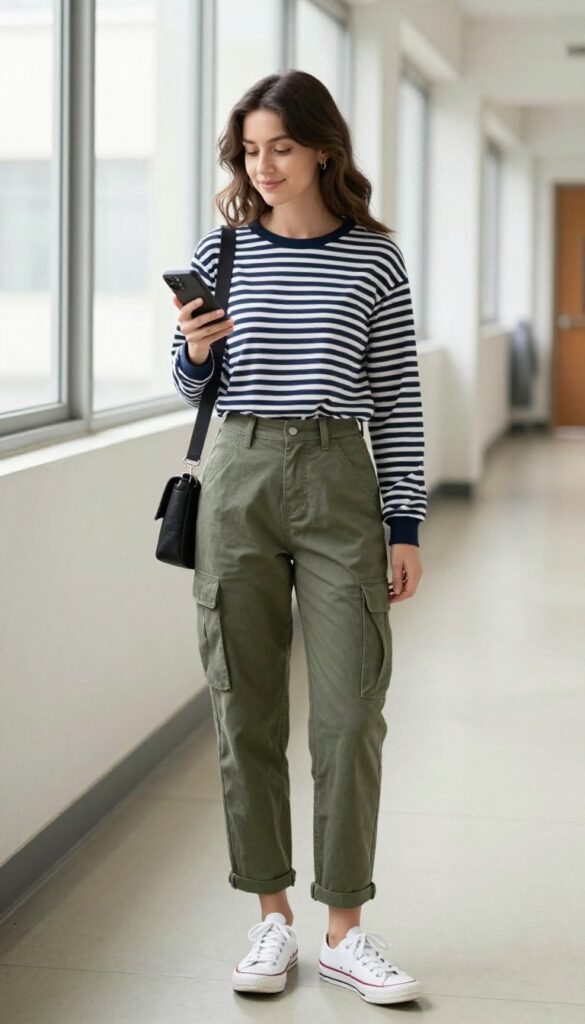 2. Striped Long-Sleeve Tee + High-Waisted Cargo Pants + Canvas Sneakers