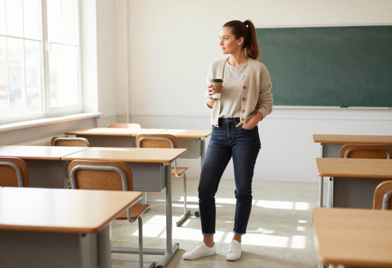 Teacher wearing a cardigan, jeans, and sneakers in a classroom