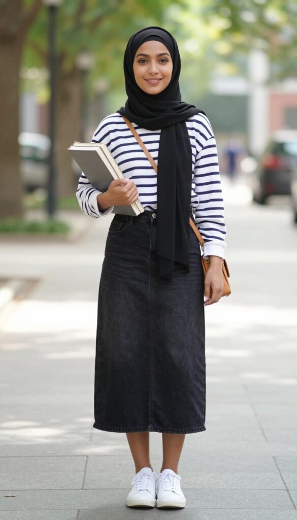 2. Striped Long-Sleeve Tee and Black Denim Skirt