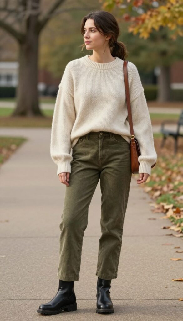 4. Chunky Sweater + Corduroy Pants + Ankle Boots