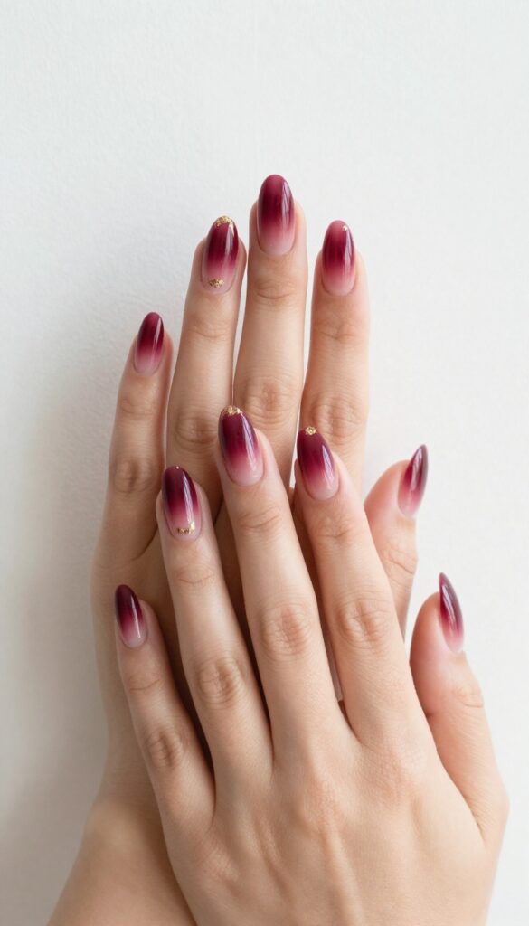 Cranberry ombré nails with gold flakes, almond shape, medium length