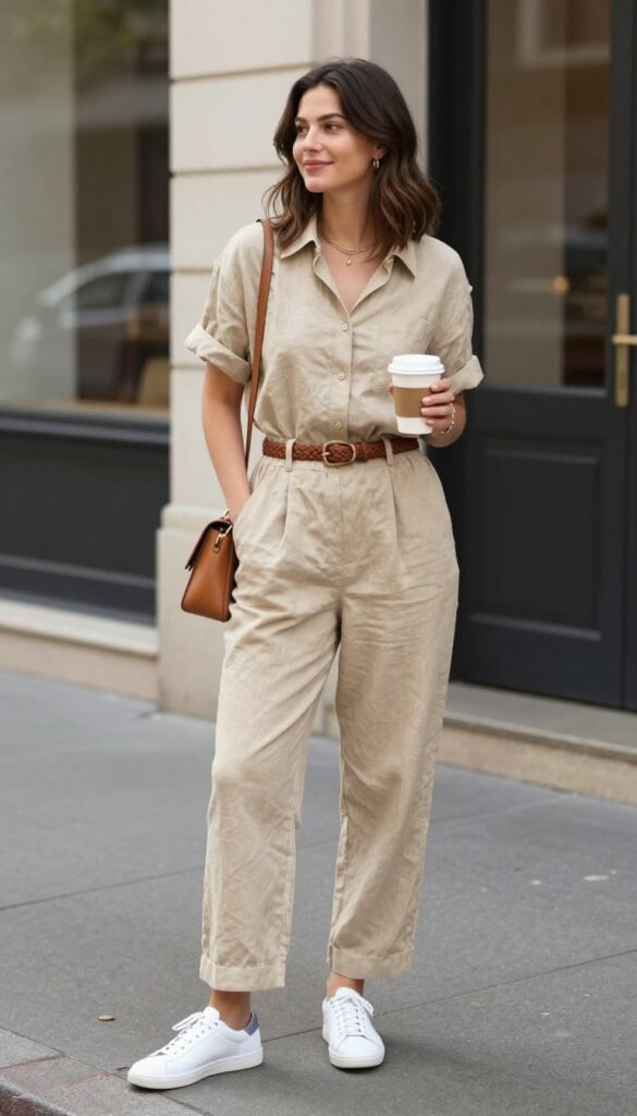 11. Jumpsuit with a Belt and Sneakers