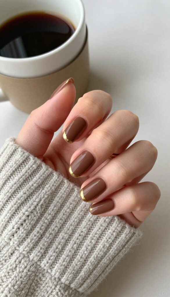 Matte espresso nails with gold foil smile line, autumn manicure