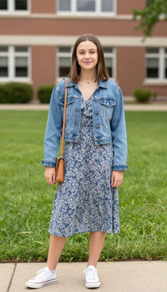 7. Denim Jacket with a Floral Dress