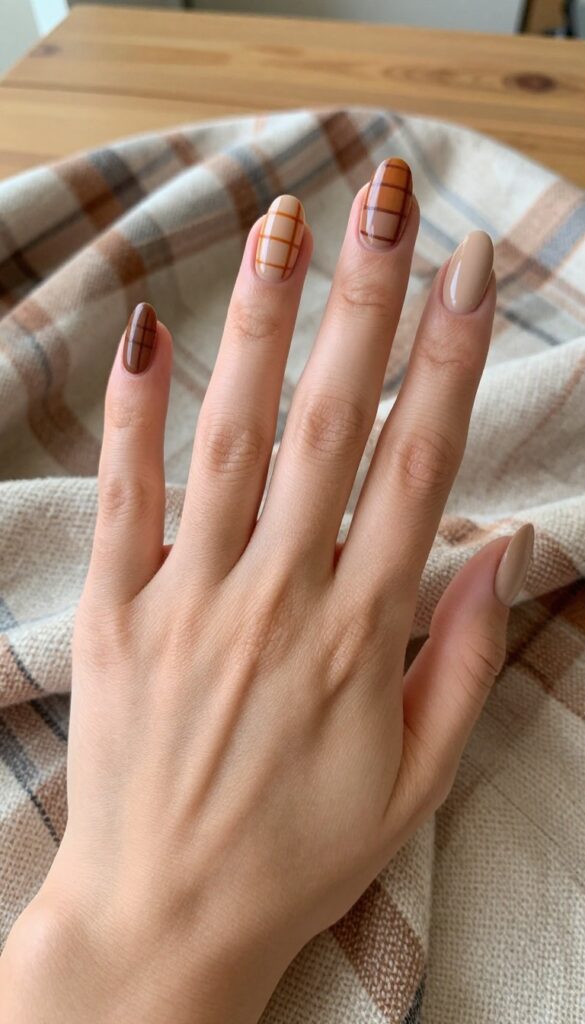 Rustic plaid accent nails on almond-shaped nails with matte finish