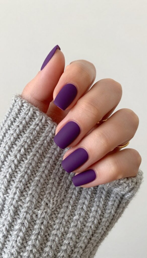 Short square-oval nails with matte blackberry purple polish on a woman's hand resting on a knit sweater