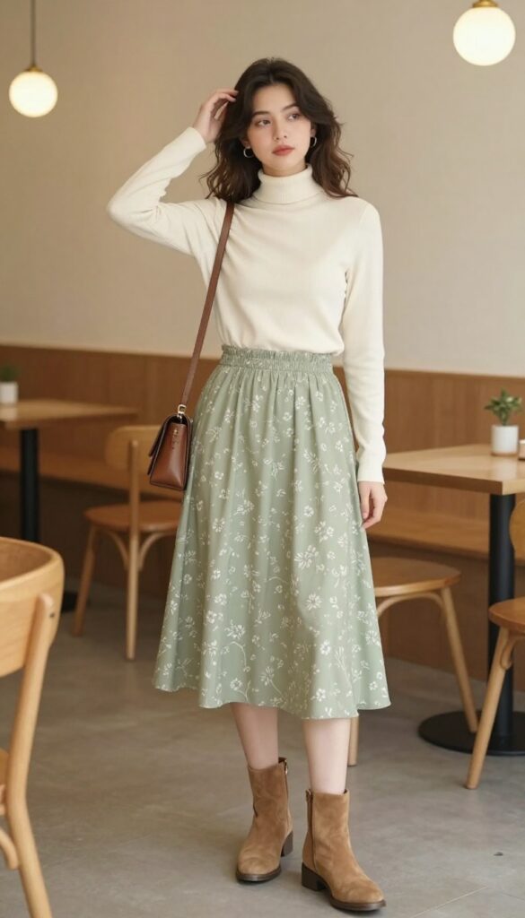 2. Flowy Midi Skirt with Fitted Turtleneck