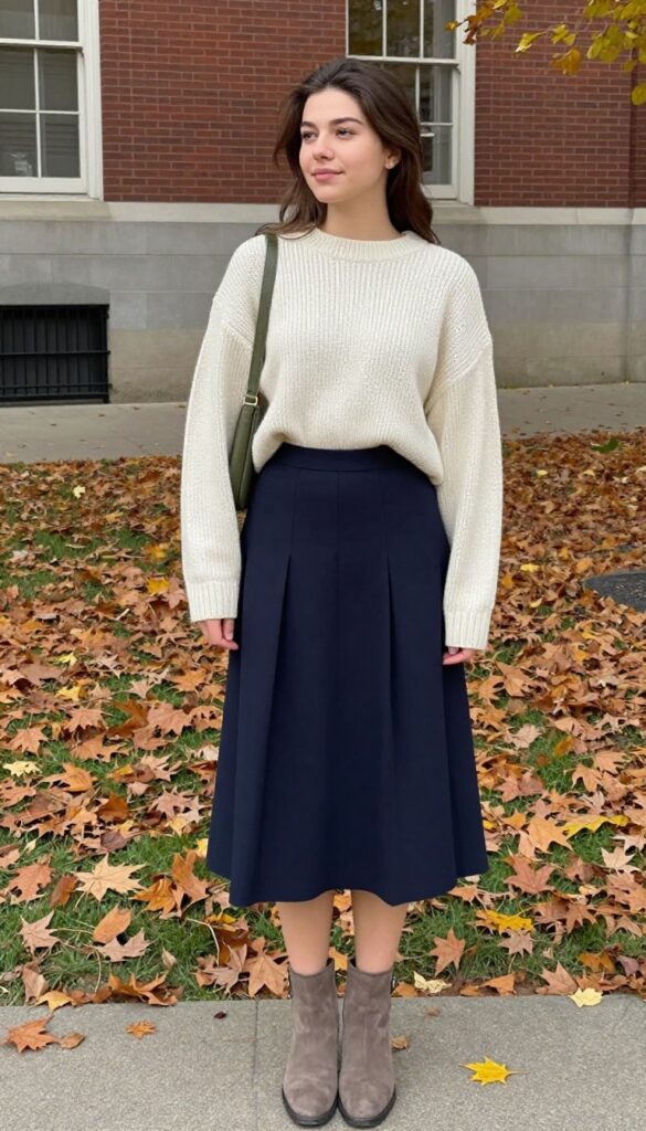 1. Chunky Knit Sweater + Pleated Skirt + Ankle Boots
