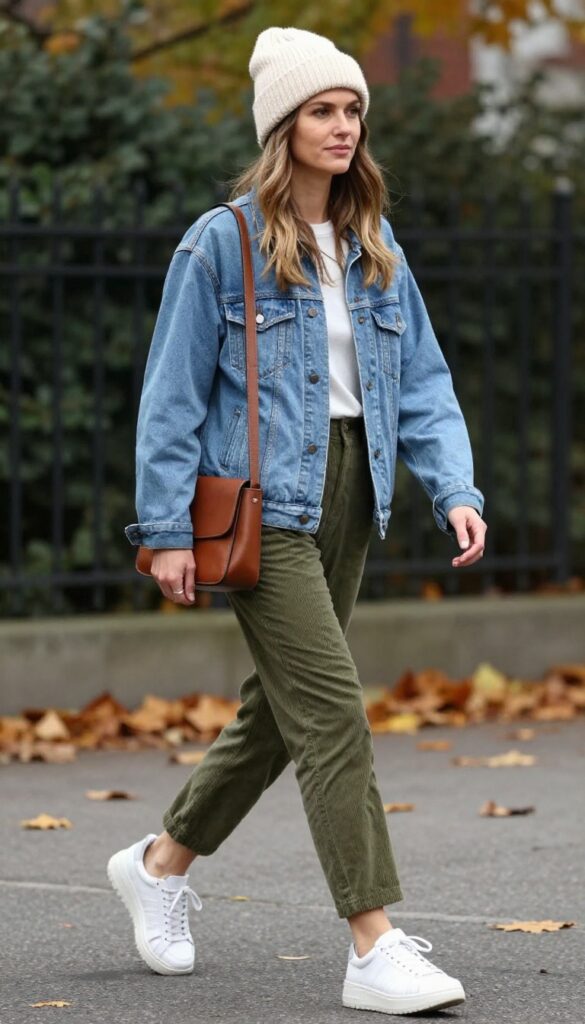 14. Knit Beanie with a Denim Jacket and Corduroy Pants