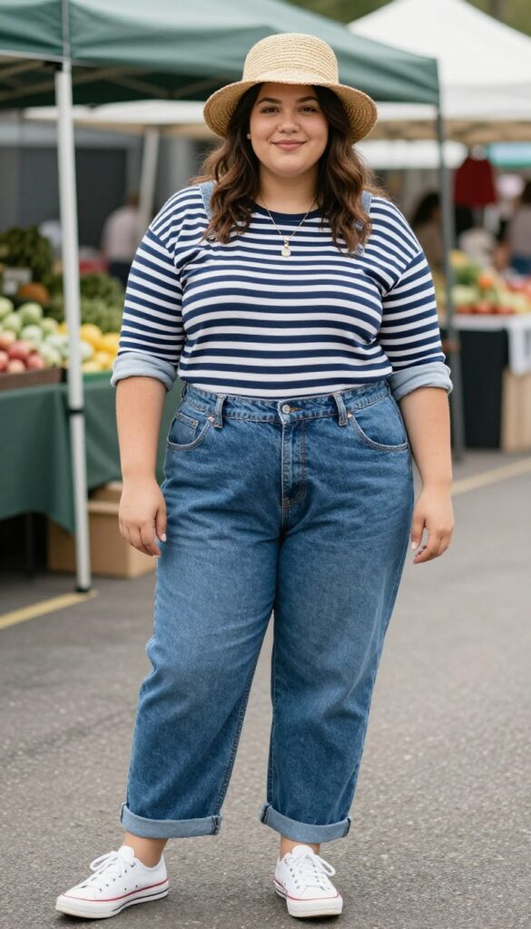 5. Overalls + Striped Top + Canvas Sneakers