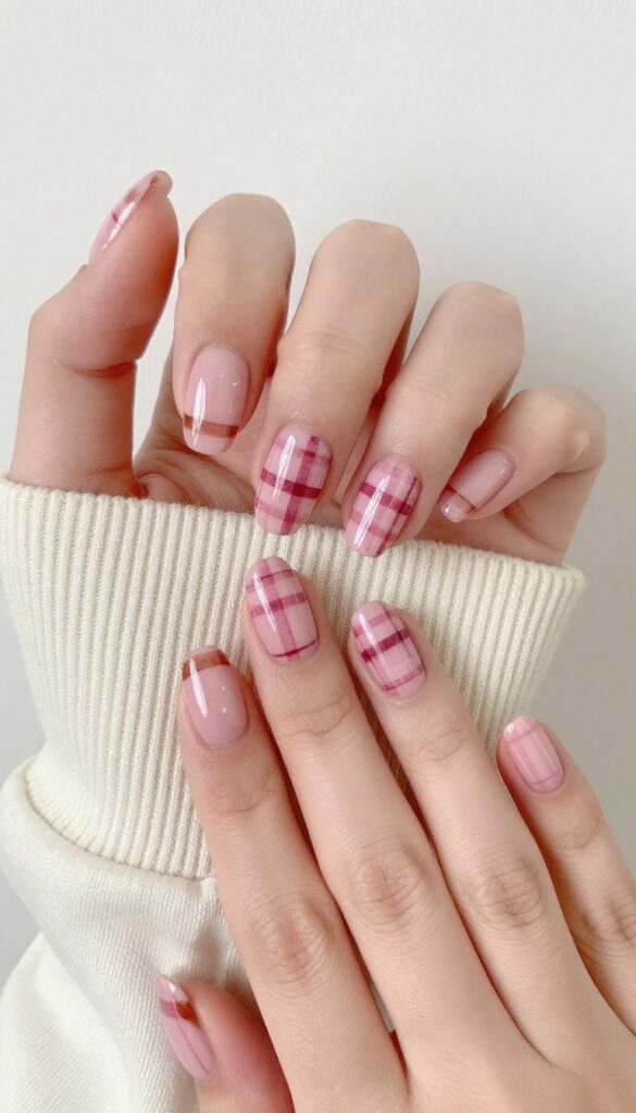 Pink plaid nail art manicure with baby pink base and rose burgundy grid lines