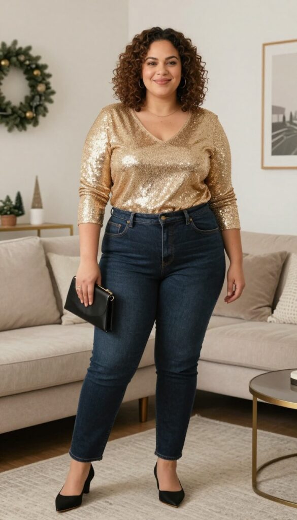 11. Sequin Top with High-Waisted Jeans