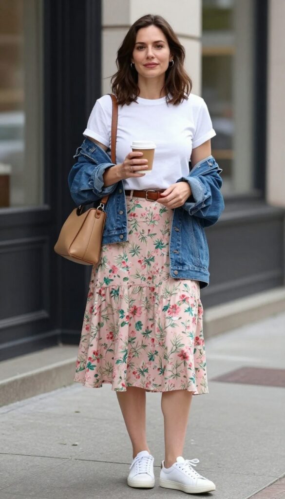 11. Printed Midi Skirt with a Simple Tee