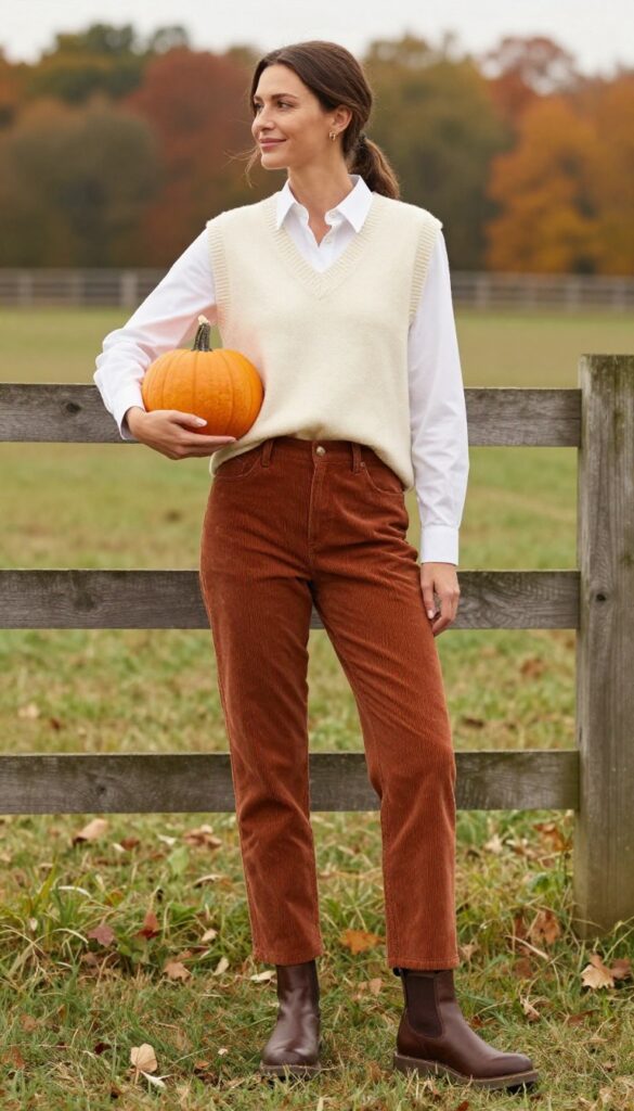 7. Sweater Vest + Button-Down + Corduroy Pants + Boots