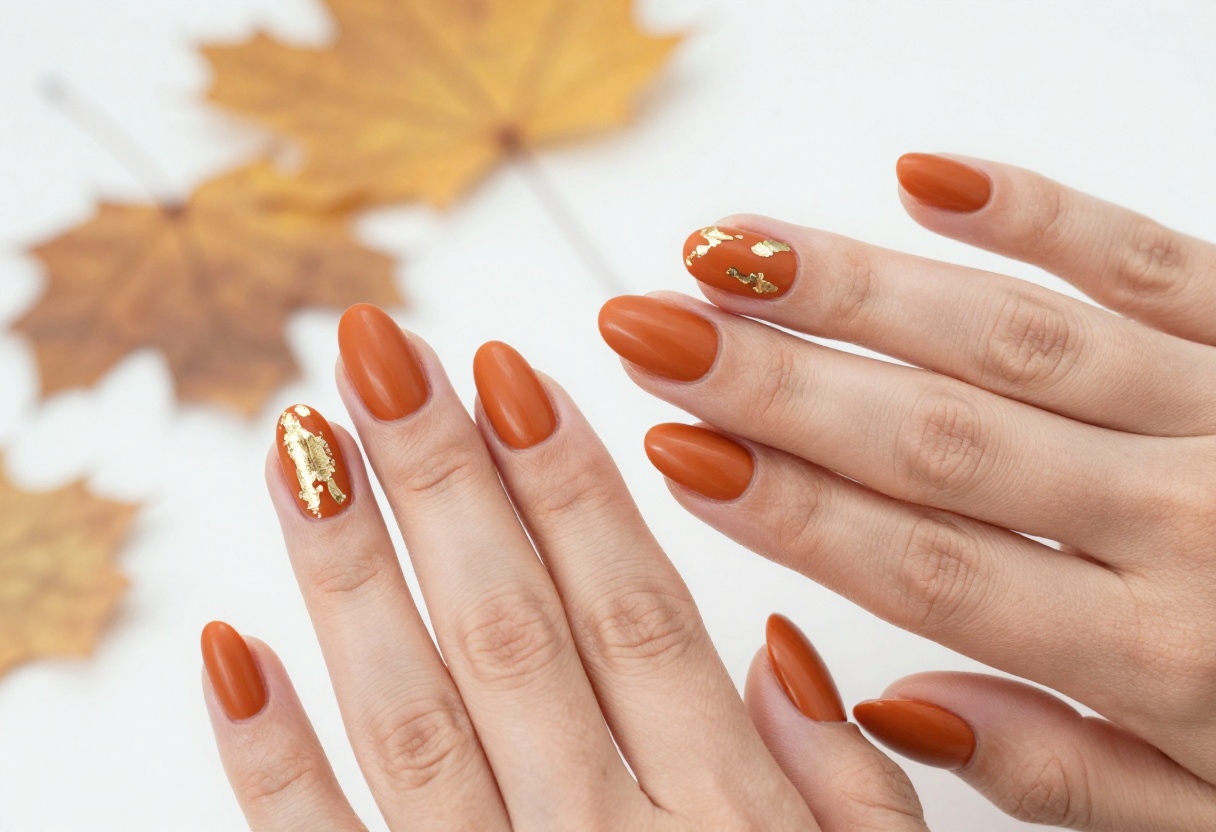 Burnt orange matte coffin nails with gold foil accents on a woman's hands, autumn background