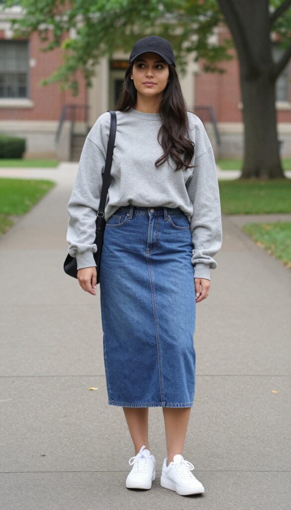 6. Sweatshirt and Denim Skirt