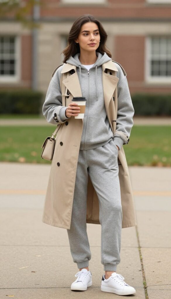 13. Matching Sweatsuit with a Trench Coat and White Sneakers