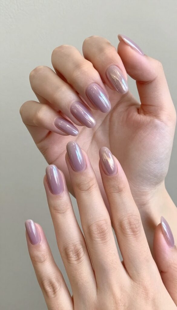 Lilac chrome nails with almond shape and metallic sheen on a woman's hands
