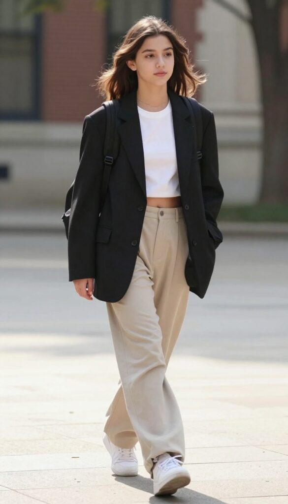 2. Oversized Blazer with Cropped Tee and Trousers