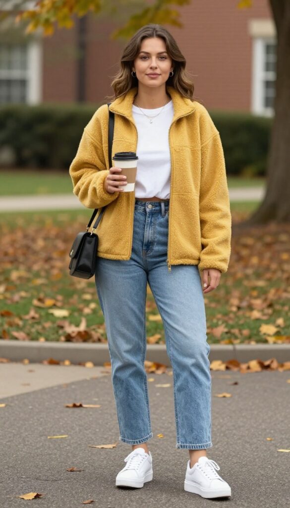 6. Fleece Zip-Up + Cropped T-Shirt + High-Waisted Mom Jeans + Platform Sneakers