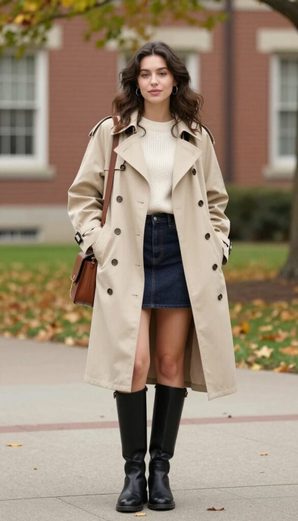 15. Trench Coat with a Sweater and Mini Skirt