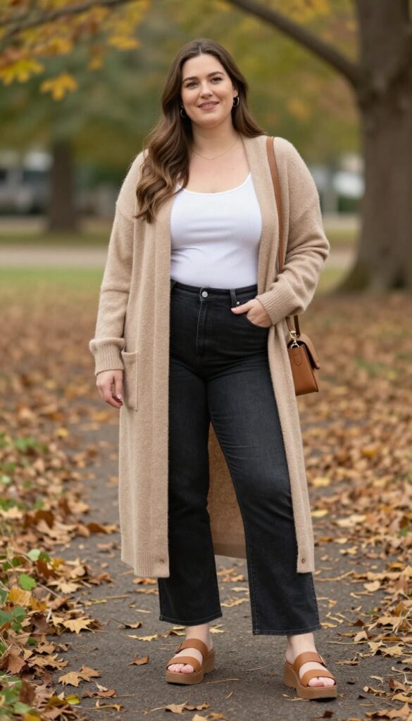 7. Long Cardigan + Tank + Flare Pants + Slide Sandals