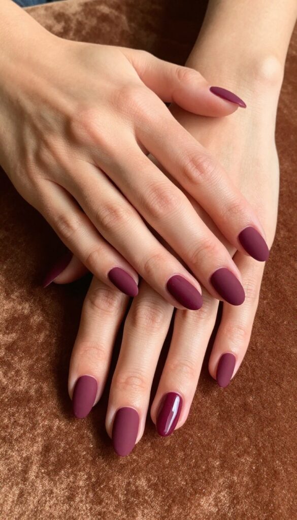 Matte plum nails with glossy accent on ring finger