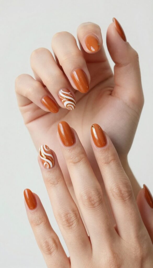 Cinnamon swirl acrylic nails with orange base, white and gold swirls, almond shape, fall manicure