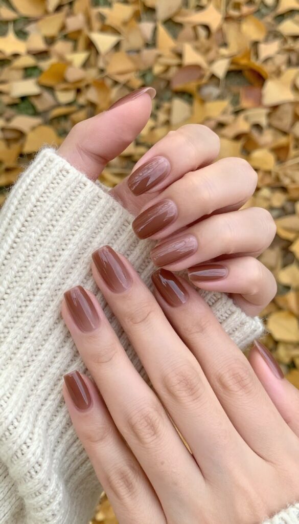 Mocha chrome nails with glossy mirror finish on almond-shaped nails