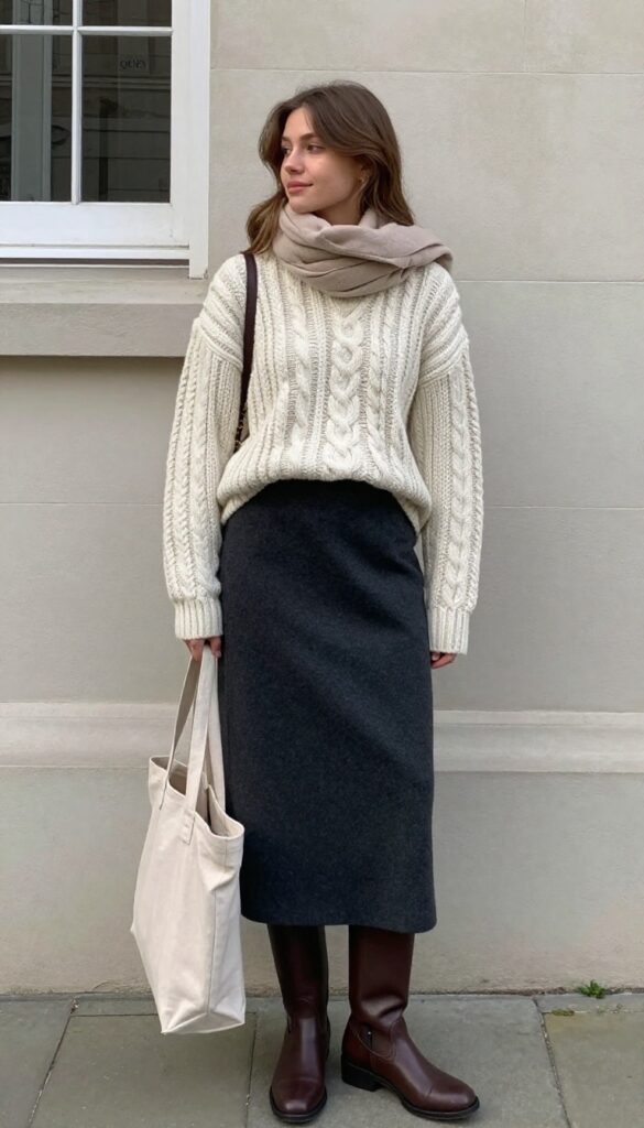 5. Cable Knit Sweater + Wool Skirt + Riding Boots