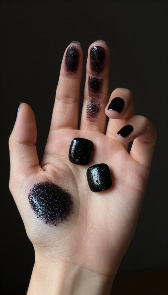 Blackened cherry nails with glossy finish on rounded square shape