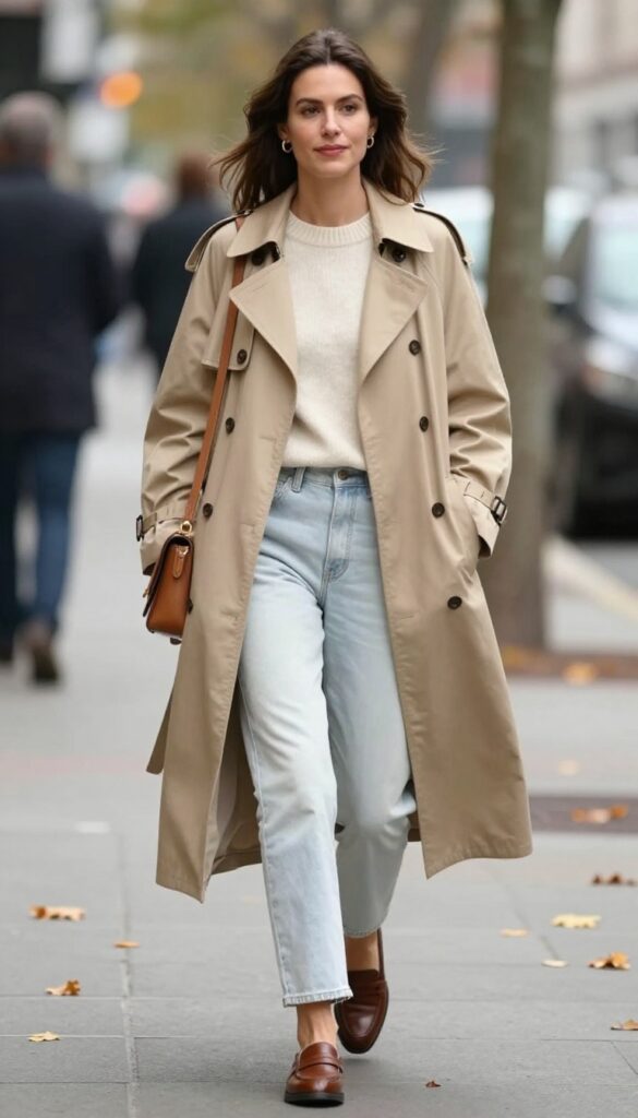 8. Trench Coat with a Cashmere Sweater and Straight-Leg Jeans
