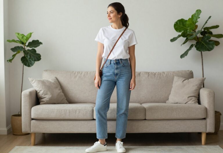 Woman in white tee and straight-leg jeans with sneakers, casual outfit inspiration