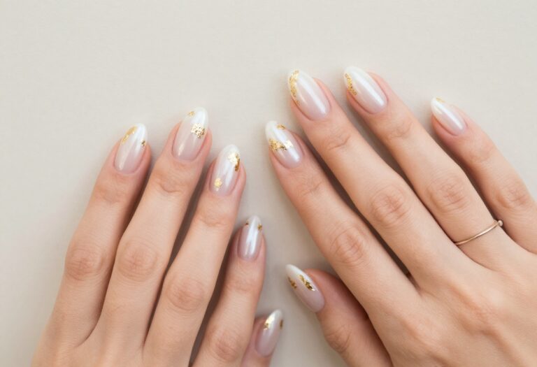 Fall wedding nails for bride with pearlescent white polish and gold foil accents