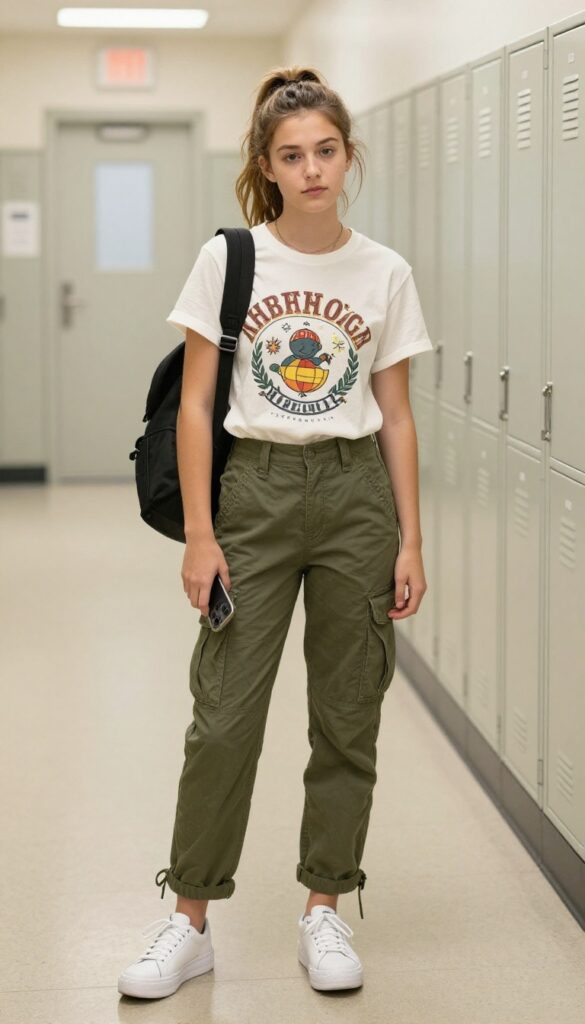 3. Graphic Tee + Cargo Pants + Platform Sneakers