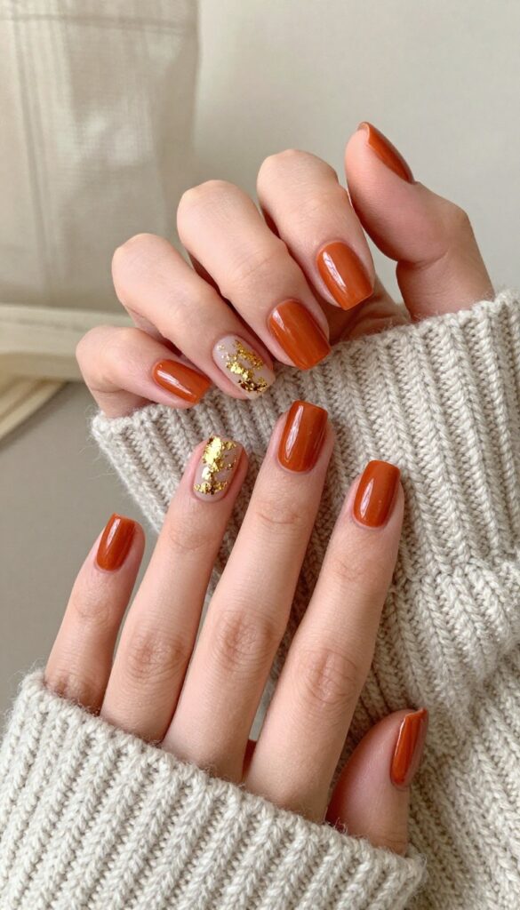 Burnt orange square medium nails with gold foil accents on a woman's hands