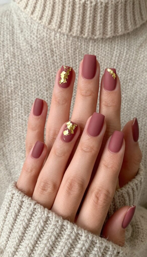 Matte merlot square medium nails with gold foil accents in a cozy fall setting